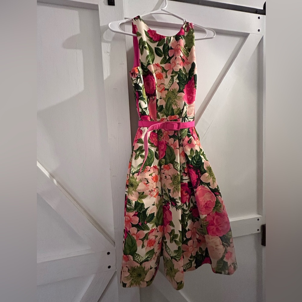 Eliza J Pink and Green Floral Midi Dress with belt and pockets